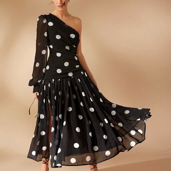 Black And White Elegant Women's Polka Dot One Shoulder Long Sleeve Maxi Dress - Picture 4 of 6